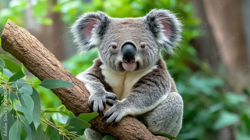 Poster a koala resting on a tree branch in a lush environment.