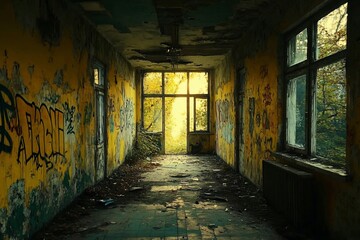 Obraz premium Grunge, decayed hall with light at the end.