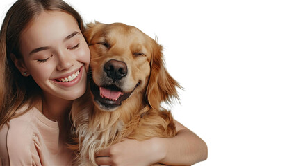 A woman is hugging a golden retriever. The dog is looking up at her with its eyes closed