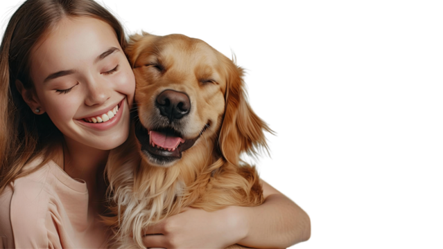 A woman is hugging a golden retriever. The dog is looking up at her with its eyes closed