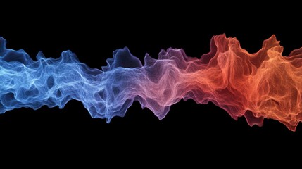 Abstract wave of colorful smoke blending blue and red against a black background.