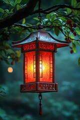 Serene Garden Lantern: Illuminated Asian-Style Lamp Hanging from a Tree Branch at Dusk