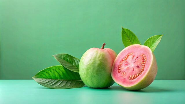 A vibrant still life featuring whole and halved guava fruit, accented by lush green leaves against a serene green backdrop.