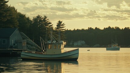 Obraz premium A tranquil harbor scene at sunset with boats and trees reflecting on calm waters.