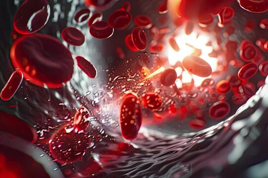 Leukocytes and red blood cells move in a blood vessel