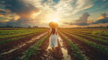Fototapeta premium Peaceful Farmer Adjusting Irrigation at Sunset