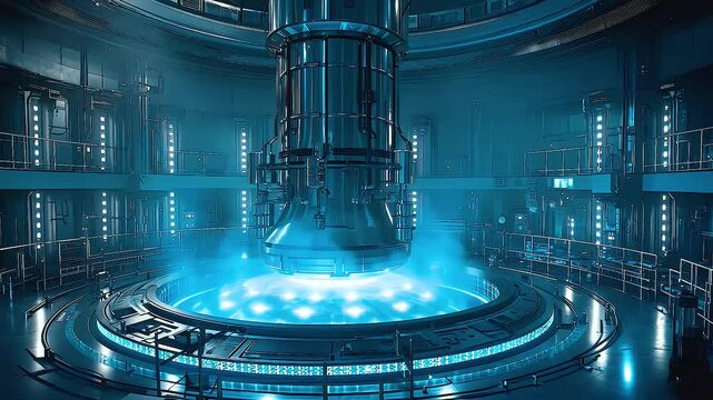 Futuristic Nuclear Fusion Reactor Technology Glowing Blue Light and Intricate Machinery Showcase Advanced Energy Science
