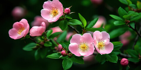 Obraz premium Experience the beauty of nature with these stunning pink flowers, surrounded by lush green leaves, showcasing the vibrant colors of spring in perfect harmony.