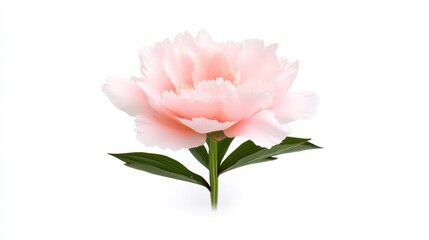A soft pink peony flower with green leaves on a white background.