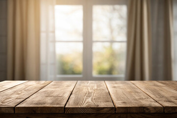 Wood table top on blurred background of window with curtain.