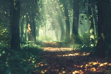 Obraz premium A serene forest path illuminated by soft sunlight filtering through the trees.