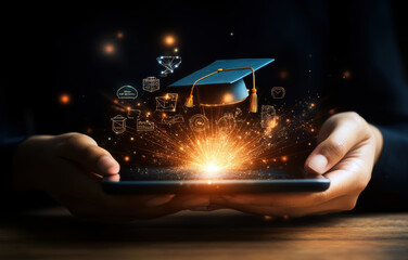 This image illustrates a transformative educational experience, merging technology and learning, represented by a graduation cap emerging from a smartphone