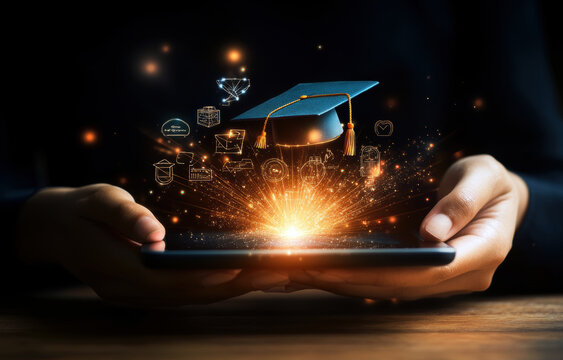 This image illustrates a transformative educational experience, merging technology and learning, represented by a graduation cap emerging from a smartphone