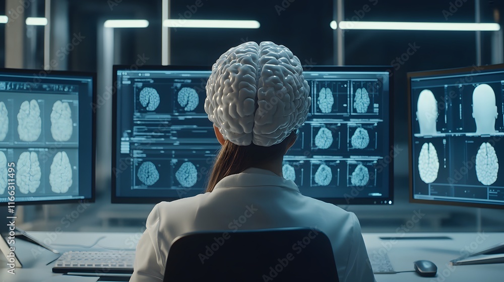 Poster a person wearing a brain model sits before multiple monitors displaying brain scans. the image evoke