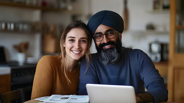 Happy Couple Working Together on a Laptop at Home