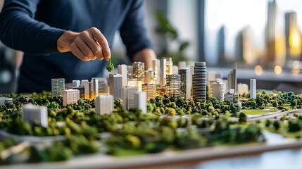A person adds a miniature tree to a detailed model of a modern city with lush green spaces, showcasing sustainable urban development and eco-friendly architecture.