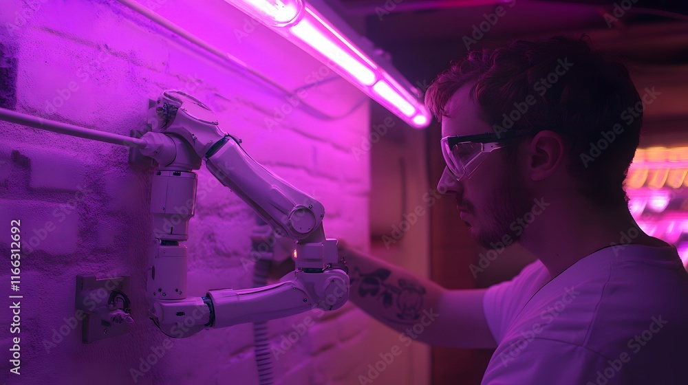 Poster a man in safety glasses examines a robotic arm mounted on a purple-lit brick wall. the scene is futu