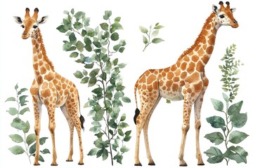 Fototapeta premium Two illustrated giraffes surrounded by green foliage.
