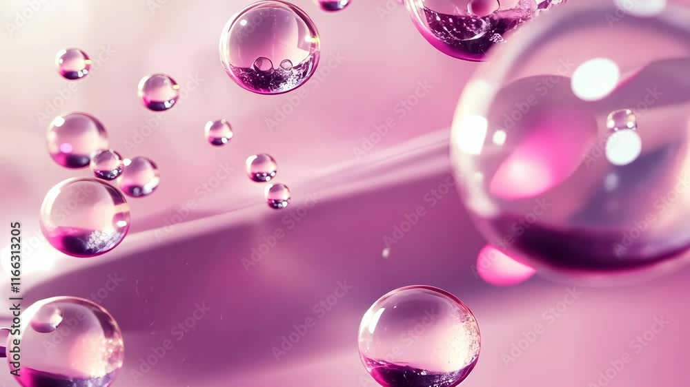 Poster bubbles floating in a pink-toned background create an ethereal visual experience