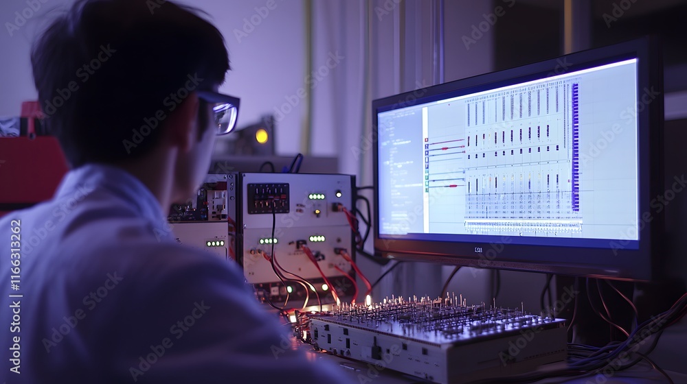 Poster a focused engineer analyzes data on a computer screen in a dimly lit lab, surrounded by complex elec