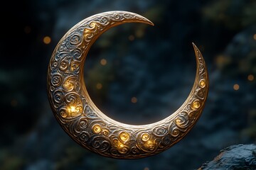Ornate golden crescent moon with glowing details.