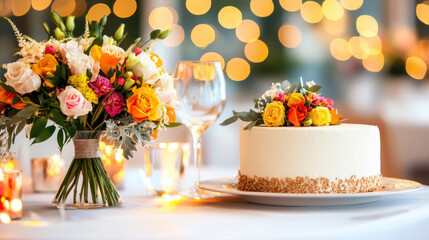 beautifully decorated wedding reception table featuring floral arrangement and cake adorned with colorful flowers, creating romantic and festive atmosphere