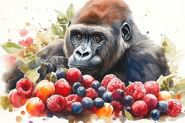 A gorilla surrounded by an array of colorful fruits in a watercolor style.
