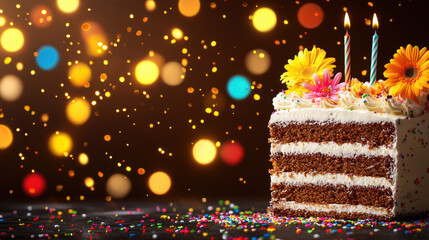 Delicious birthday cake with frosting, flowers, and candles, perfect for celebrations. vibrant colors and festive atmosphere create joyful mood