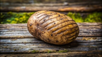 Rustic Baked Potato on Weathered Wooden Surface with Moss