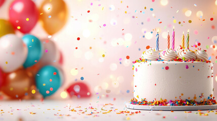 birthday cake with colorful frosting and candles, surrounded by festive balloons and confetti, creates joyful celebration atmosphere