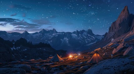 camping place in the mountains with tents greeted by the view of the sky as the sun begins to set and it gets dark