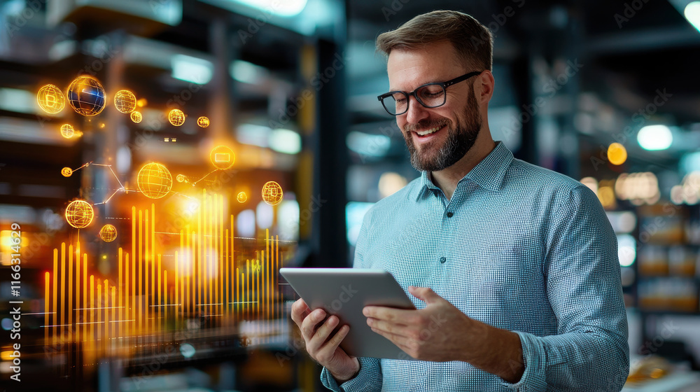 Poster professional man using tablet to analyze big data trends, smiling with digital graphs and icons in b