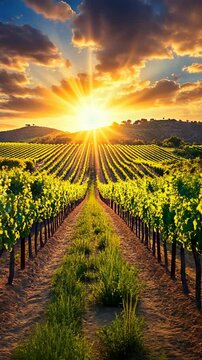 Golden sunset over vineyard rows in a picturesque landscape