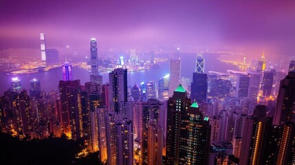 Fototapeta premium Vibrant cityscape of Hong Kong at night, showcasing illuminated skyscrapers.