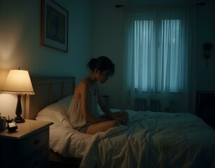 Obraz premium sad woman on the bed