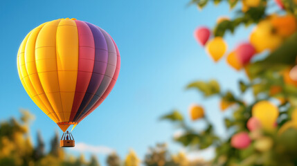 Fototapeta premium colorful hot air balloon floats against clear blue sky, surrounded by vibrant fruit trees. scene evokes sense of adventure and joy