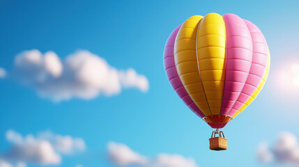 Obraz premium vibrant hot air balloon with pink and yellow stripes floats against clear blue sky, surrounded by fluffy clouds, evoking sense of adventure and freedom