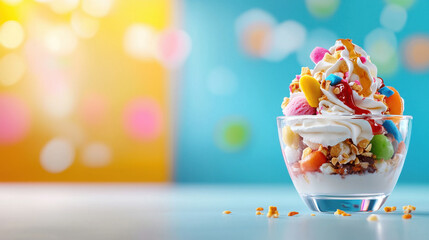 vibrant ice cream sundae with colorful toppings, including fruits, nuts, and syrup, served in glass bowl, evokes sense of joy and indulgence