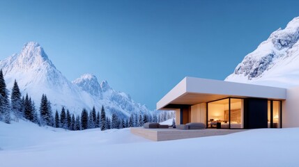 Modern house in a snowy mountain landscape at twilight.
