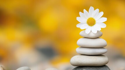 A Close-up stack of pebbles with a single flower balanced on top, transformative power of meditation