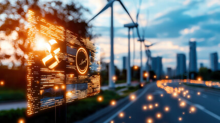 digital display shows real time data at wind turbine farm, highlighting renewable energy impact on urban landscapes. scene captures innovation and sustainability