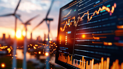 Wind turbine farm with digital analytics tools showcasing data trends and performance metrics during sunset, highlighting renewable energy technology
