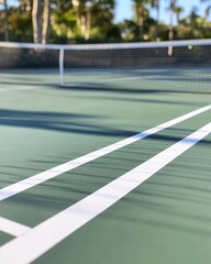 A close-up view of a tennis court with net and shadows.
