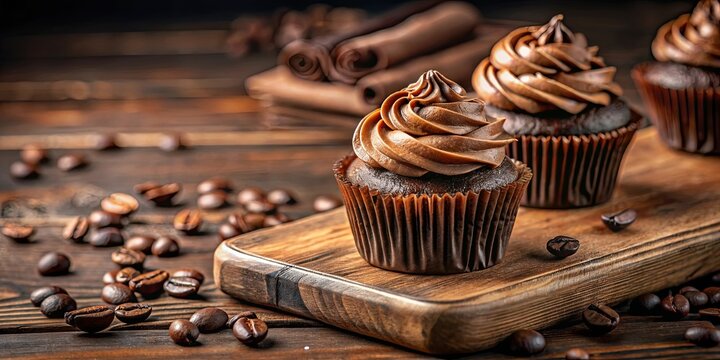 Delicious chocolate cupcakes with coffee frosting on rustic wooden board