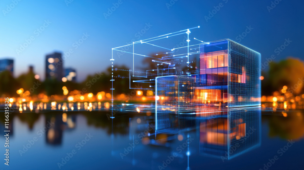 Aufkleber modern architectural design showcasing futuristic building with digital elements reflected in water,