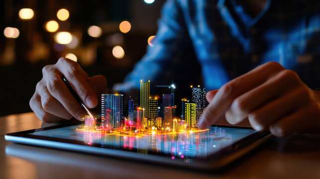 Architect reviewing smart city blueprint on tablet, showcasing vibrant digital cityscape with glowing buildings and data visualization, reflecting innovation and technology