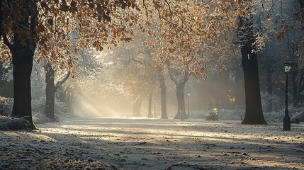 Sunbeams through frosty autumn trees in park.