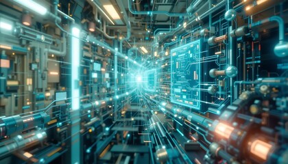 Futuristic Technology Corridor: Abstract Generative AI Image of a High-Tech Data Center