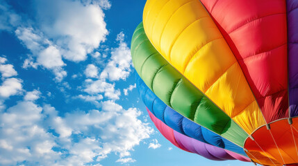 vibrant hot air balloon with colorful fabric against blue sky filled with fluffy clouds creates stunning visual. bright colors evoke sense of joy and adventure