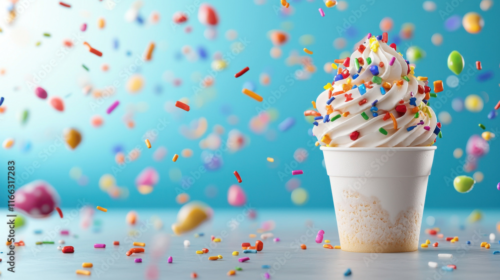 Poster richly textured ice cream sundae topped with colorful sprinkles, creating joyful and festive atmosph